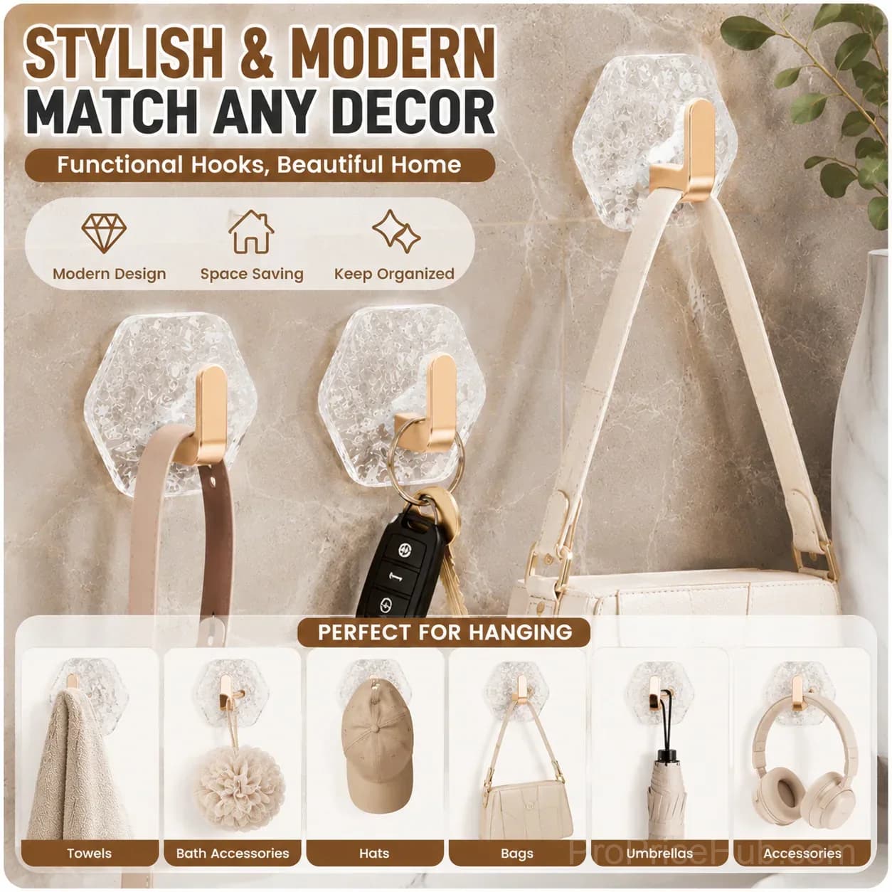 10-Pack Hexagonal Adhesive Wall Hooks, Waterproof Heavy Duty - Alt