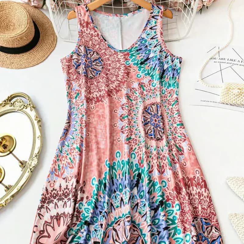Yellow Sleeveless A-Line Printed Summer Dress, XL - View 13