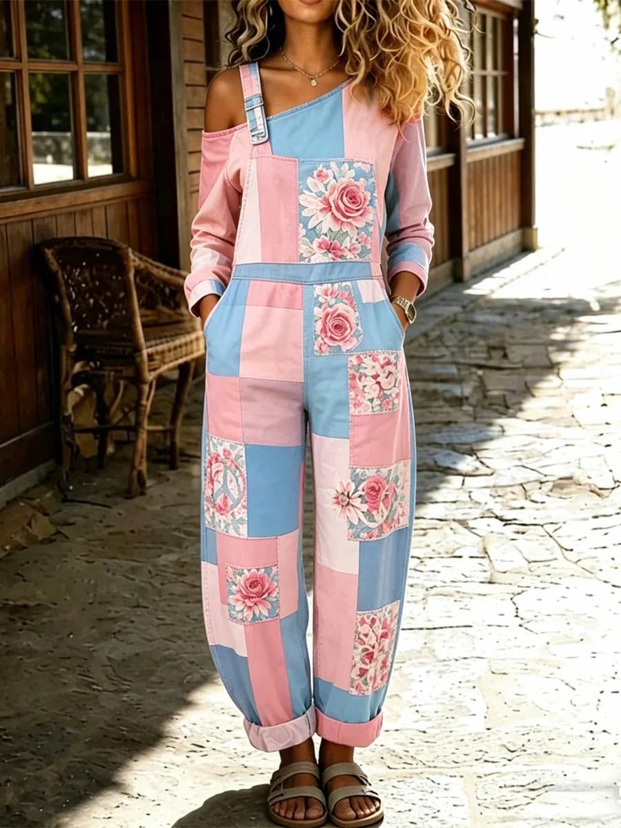 Women's Retro Floral Print Washed Cotton Denim Patchwork Jumpsuit - Main