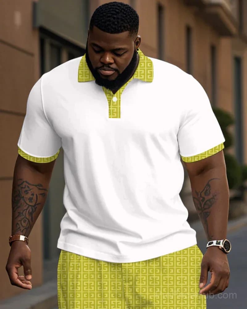 Men's Plus Size Casual Geometric Jacquard Polo Shirt & Trousers Suit Set - Alt