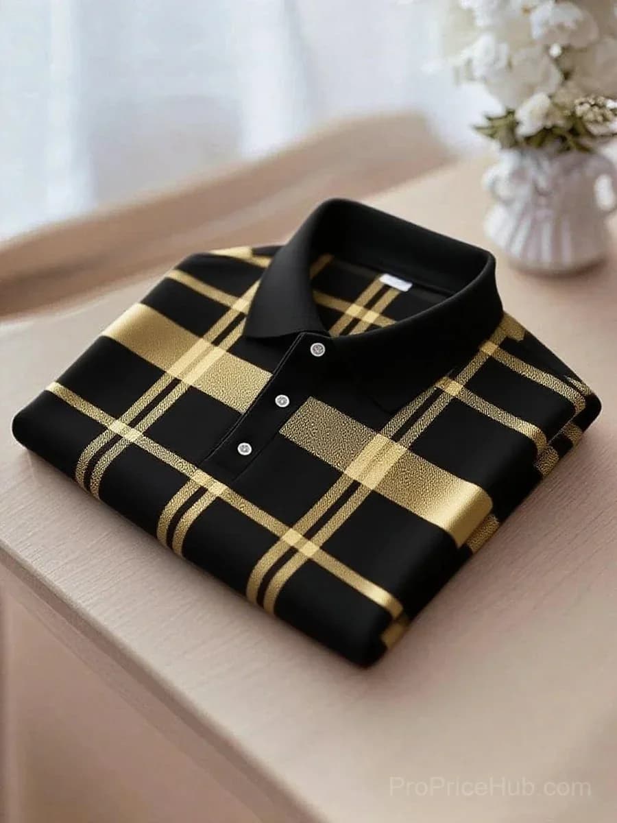 Men's Black and Yellow Plaid Short Sleeve Polo Shirt - Main