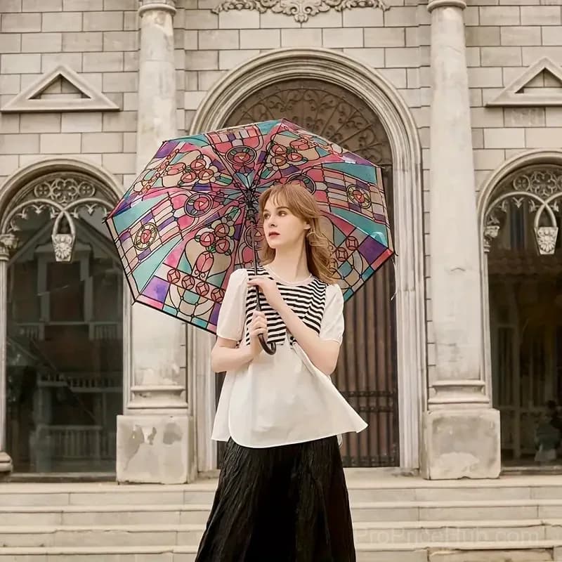 Vintage Stained Glass Print Automatic Umbrella - View 6