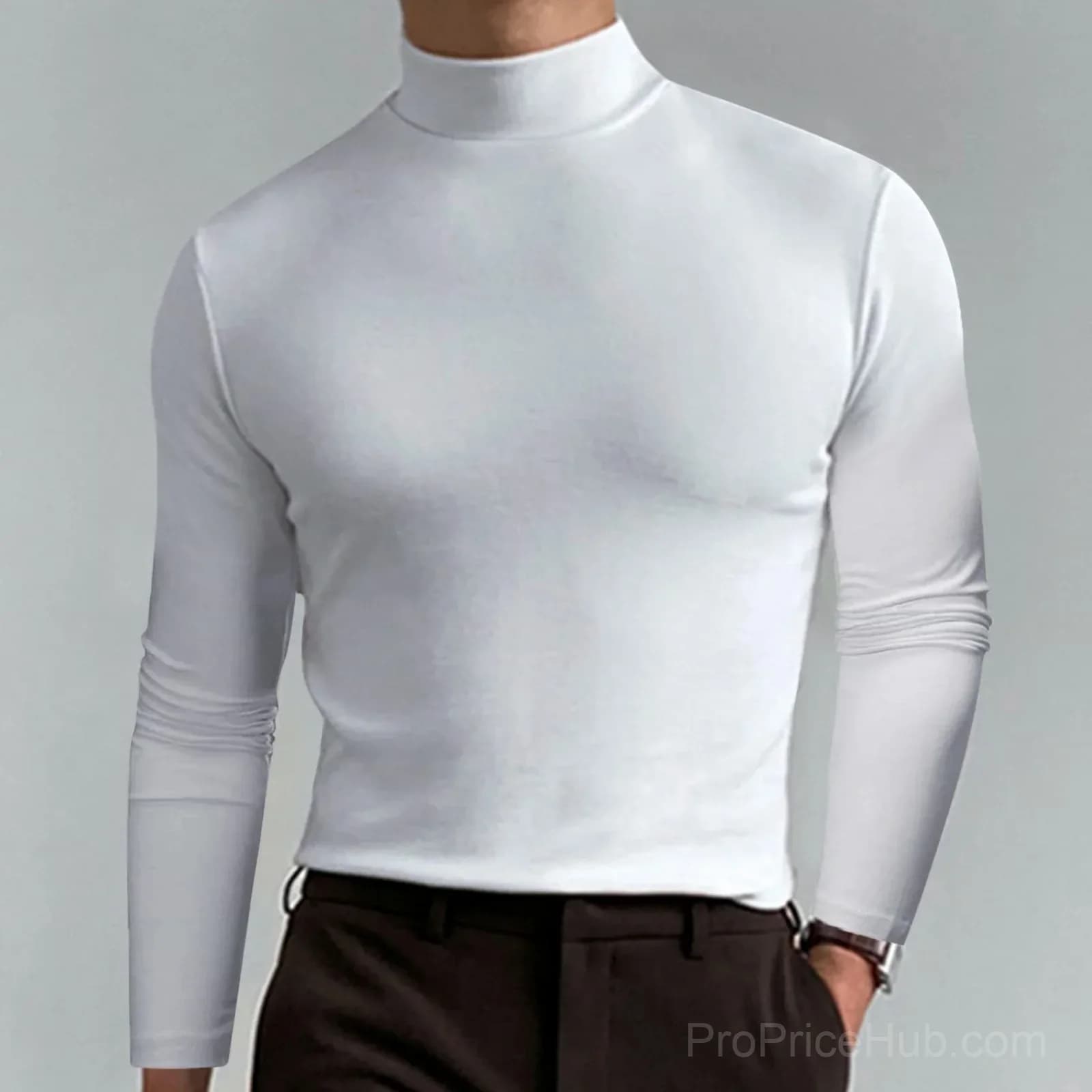 Men's High Neck Slim Fit Stretch T-Shirt, White, Small - Main