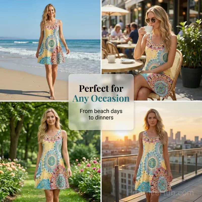 Yellow Sleeveless A-Line Printed Summer Dress, XL - View 9