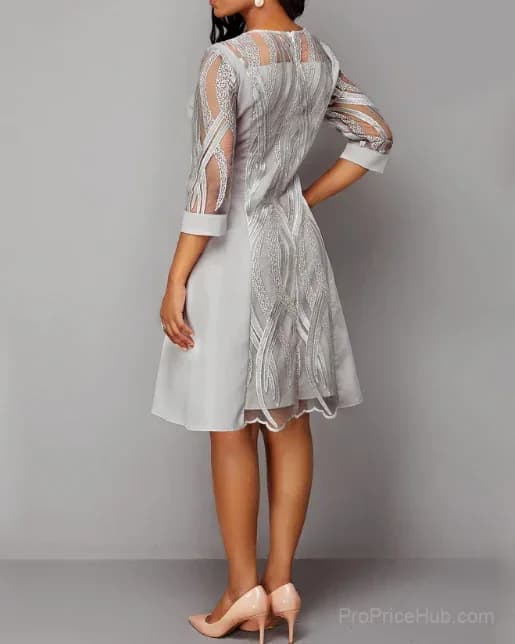 Light Grey Lace Panel 3/4 Sleeve Dress - Alt