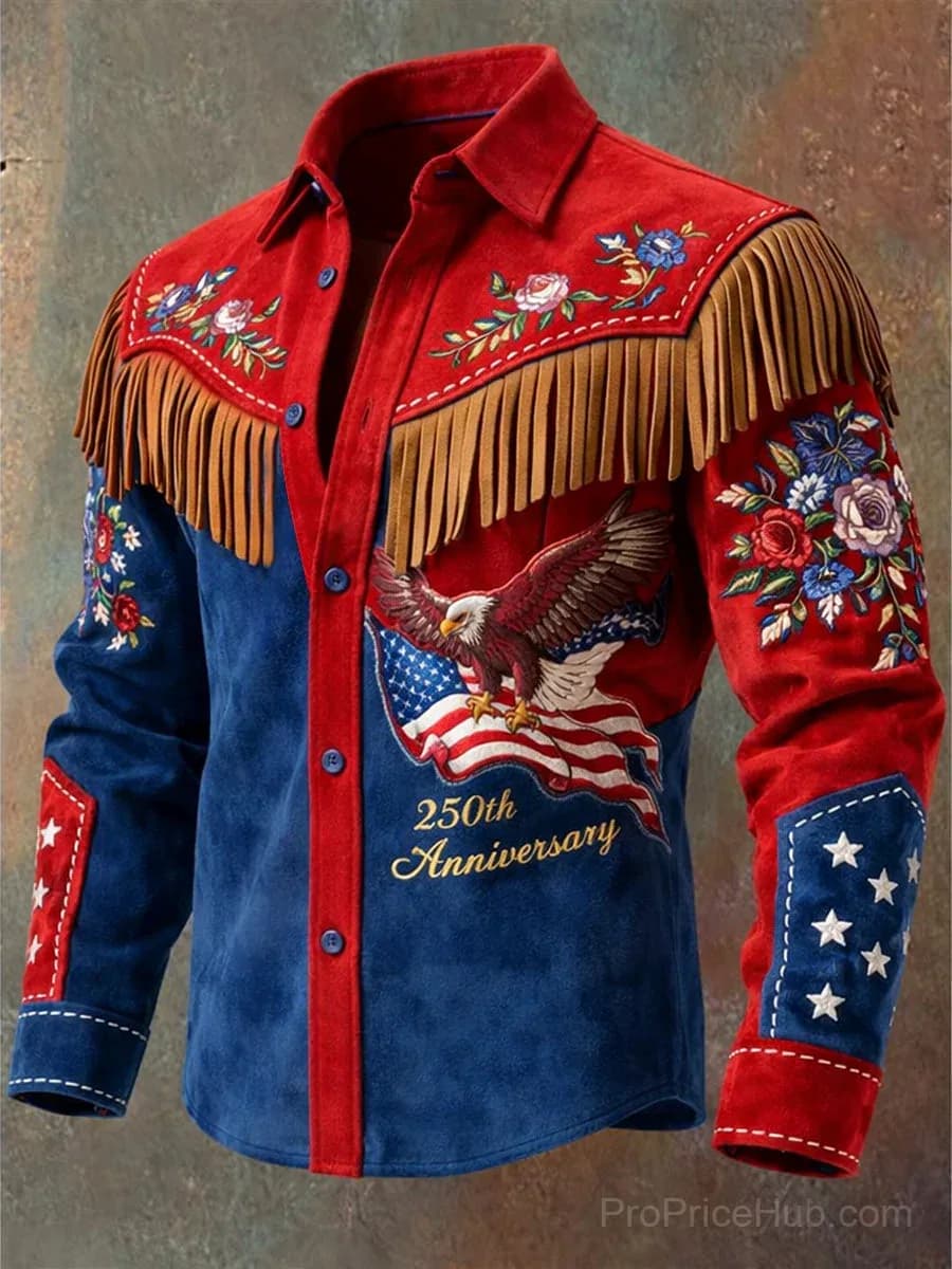 Men's Retro Western Art Print Tassel Long Sleeve Shirt - Main
