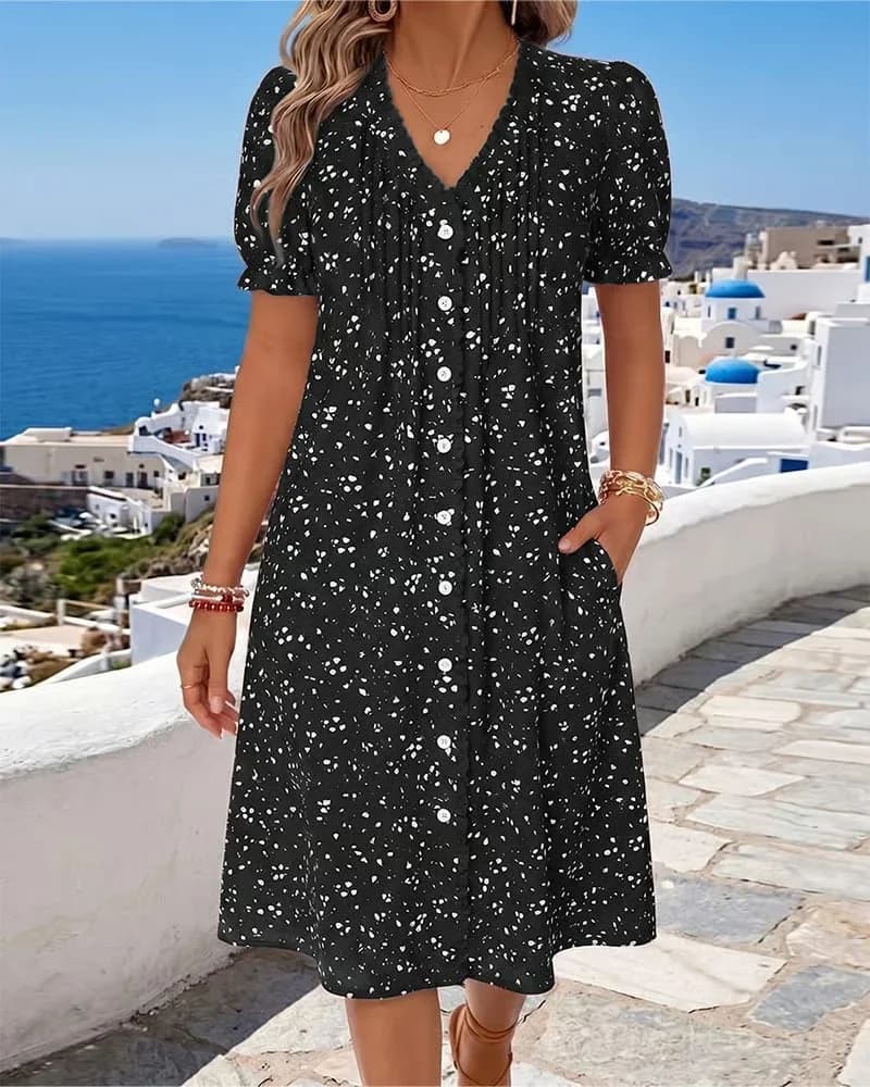 Floral V-Neck Button-Front Dress, Red, US 4/S - Alt
