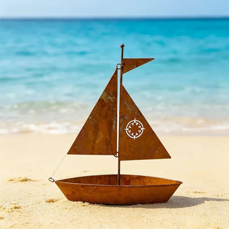 Rustic Sailboat Metal Planter, Brown Weather-Resistant Garden Decor - View 8