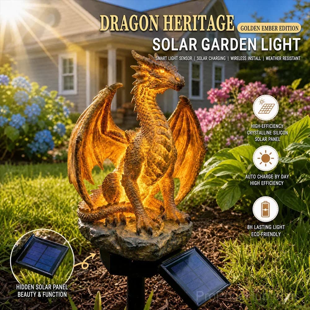 Gothic Dragon Golden Fire Solar Landscape Light - View 6