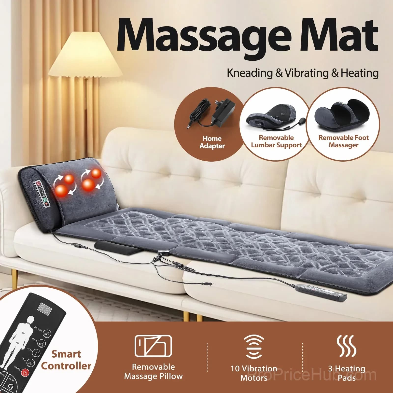 HOMASA Heated Full-Body Shiatsu Massage Mat with Lumbar Support - Main
