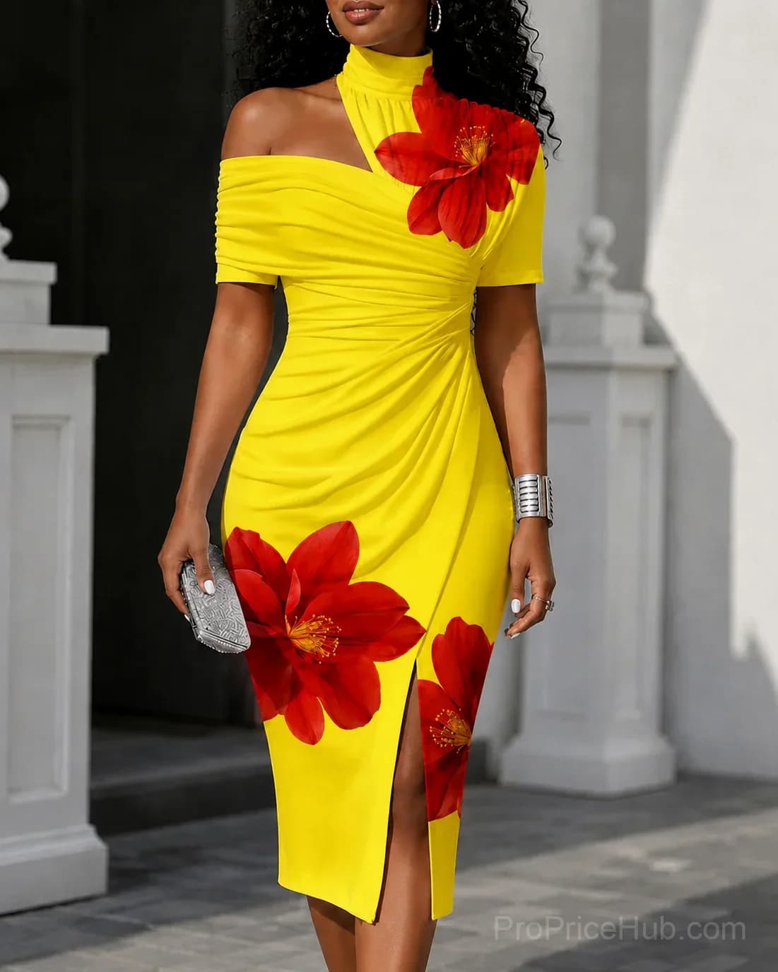 One-Shoulder Asymmetrical Midi Dress with Large Floral Print - Main