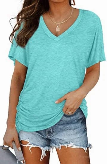 Women's Short Sleeve V-Neck Dolman Top - Soft Breathable Loose Fit Blouse with Side Shirring - View 4