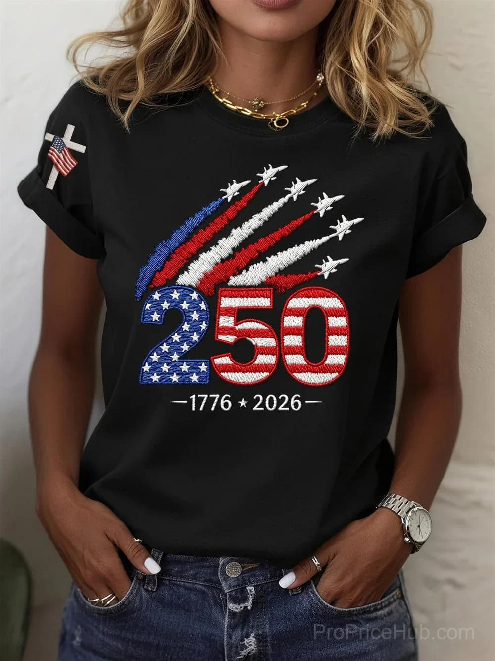 Women's USA 250th Anniversary Embroidered Print Crew Neck Short Sleeve T-Shirt - Alt