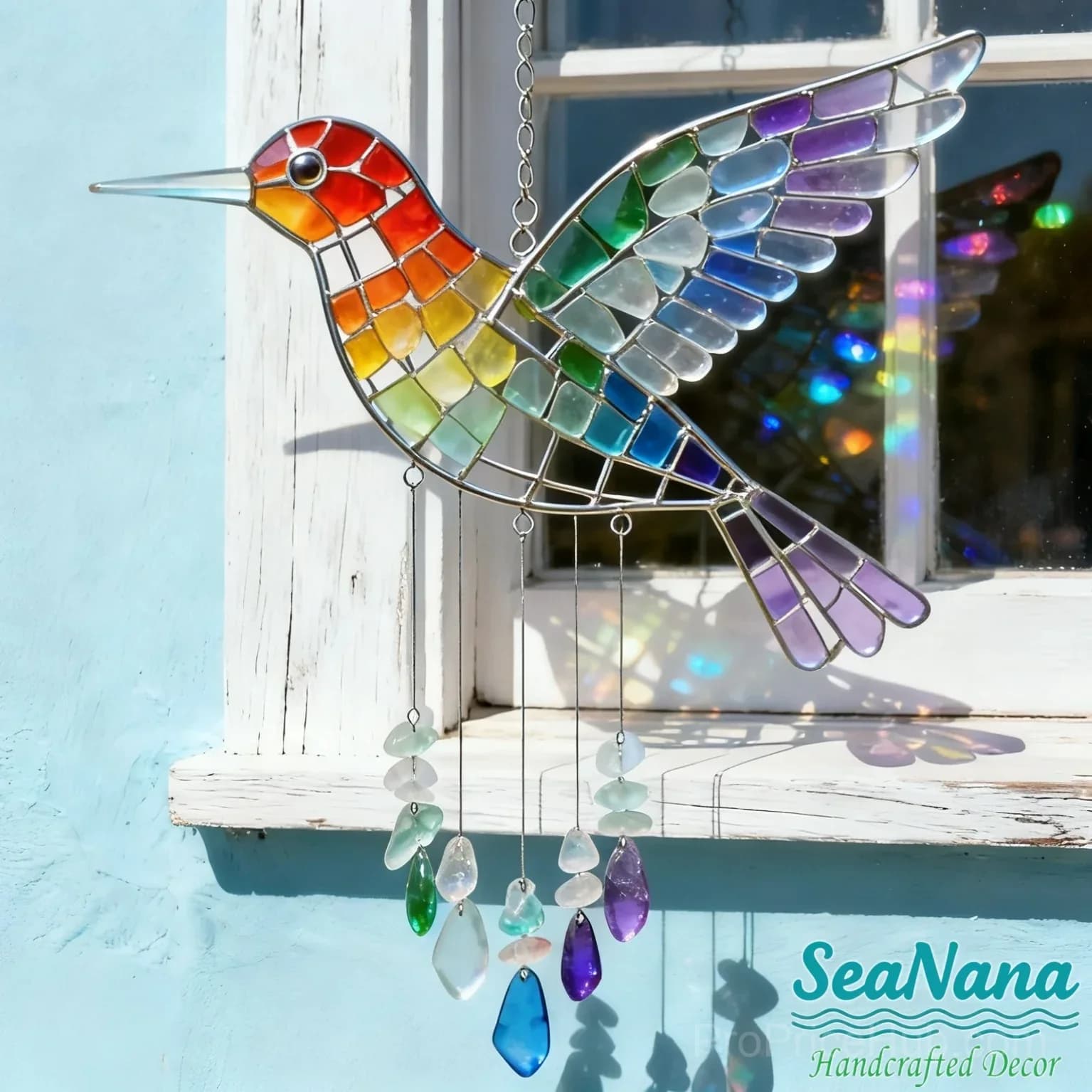 Sea Glass Rainbow Bird Wind Chime - Garden Decor - Main