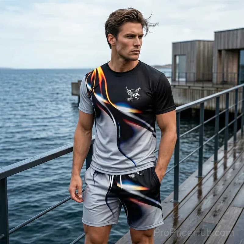 Men's Abstract Print T-Shirt & Shorts Set, Gray, Small - View 2