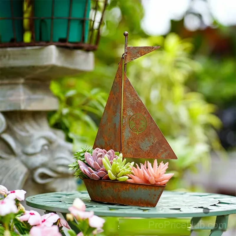 Rustic Sailboat Metal Planter, Brown Weather-Resistant Garden Decor - Alt