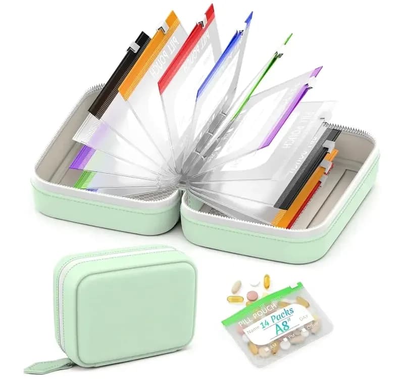 A8 Green Waterproof Pill Case Set, 7-14 Day Medication Organizer - Main