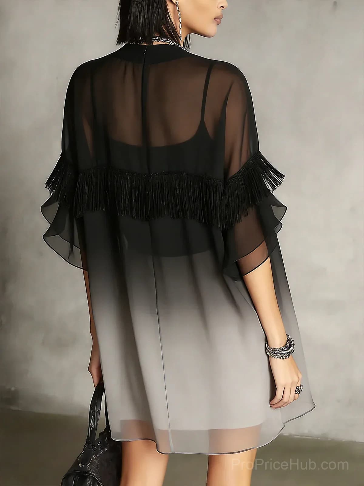 Black Ombre Sheer Fringe Detail Floaty Mini Dress - Alt