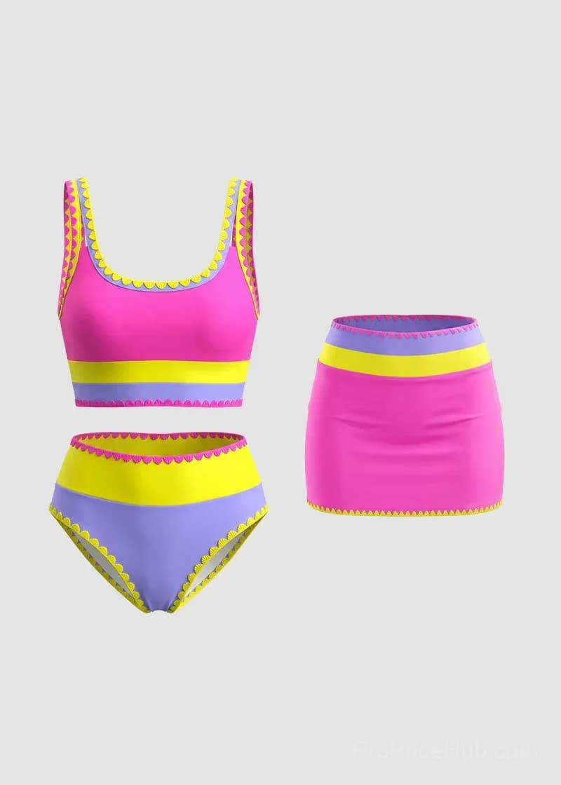 Color Contrast Patchwork Nylon 3-Piece Bikini Set - View 21