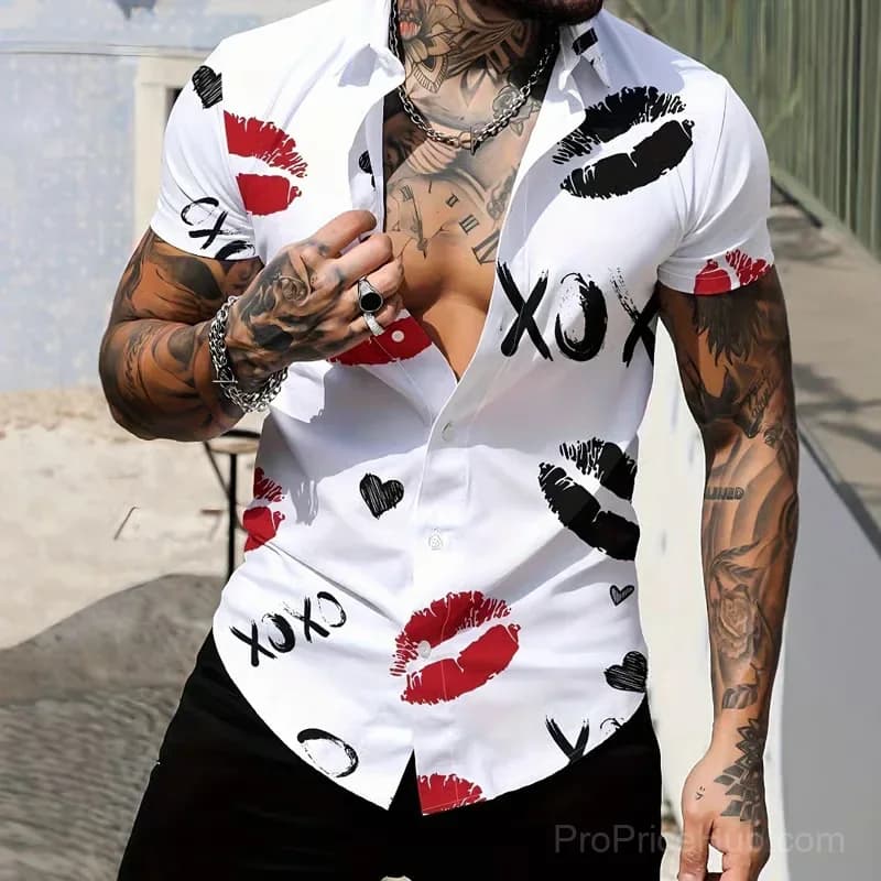 Men's Kiss Print Short-Sleeve Button-Up Shirt, Small - View 2