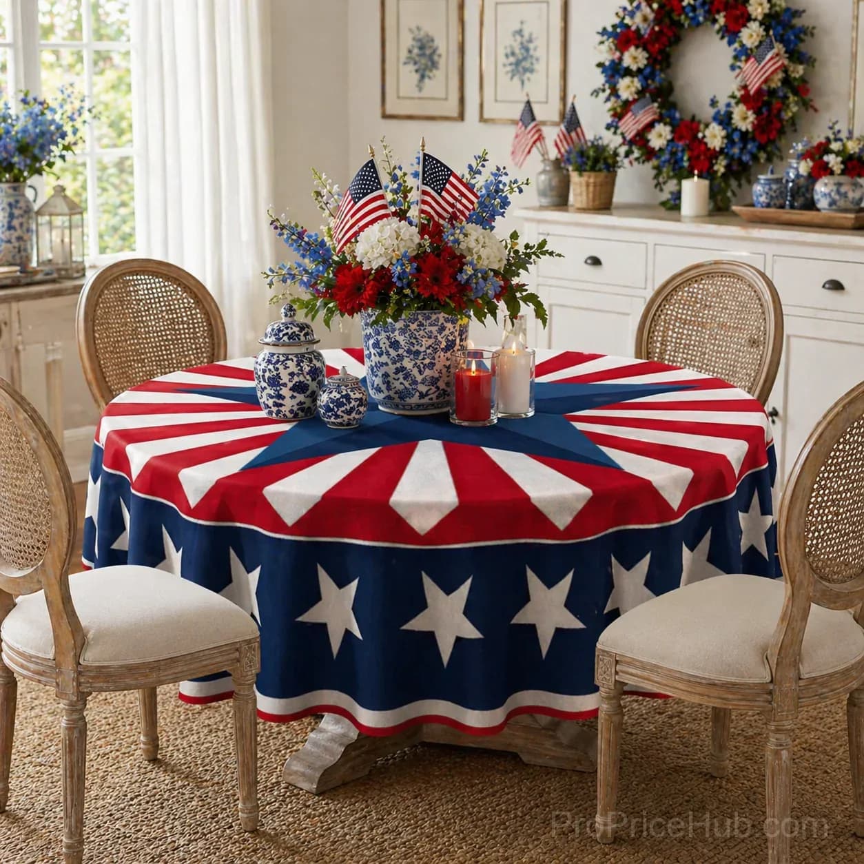 Patriotic Starburst Round Tablecloth - July 4th Independence Day Decor - Alt