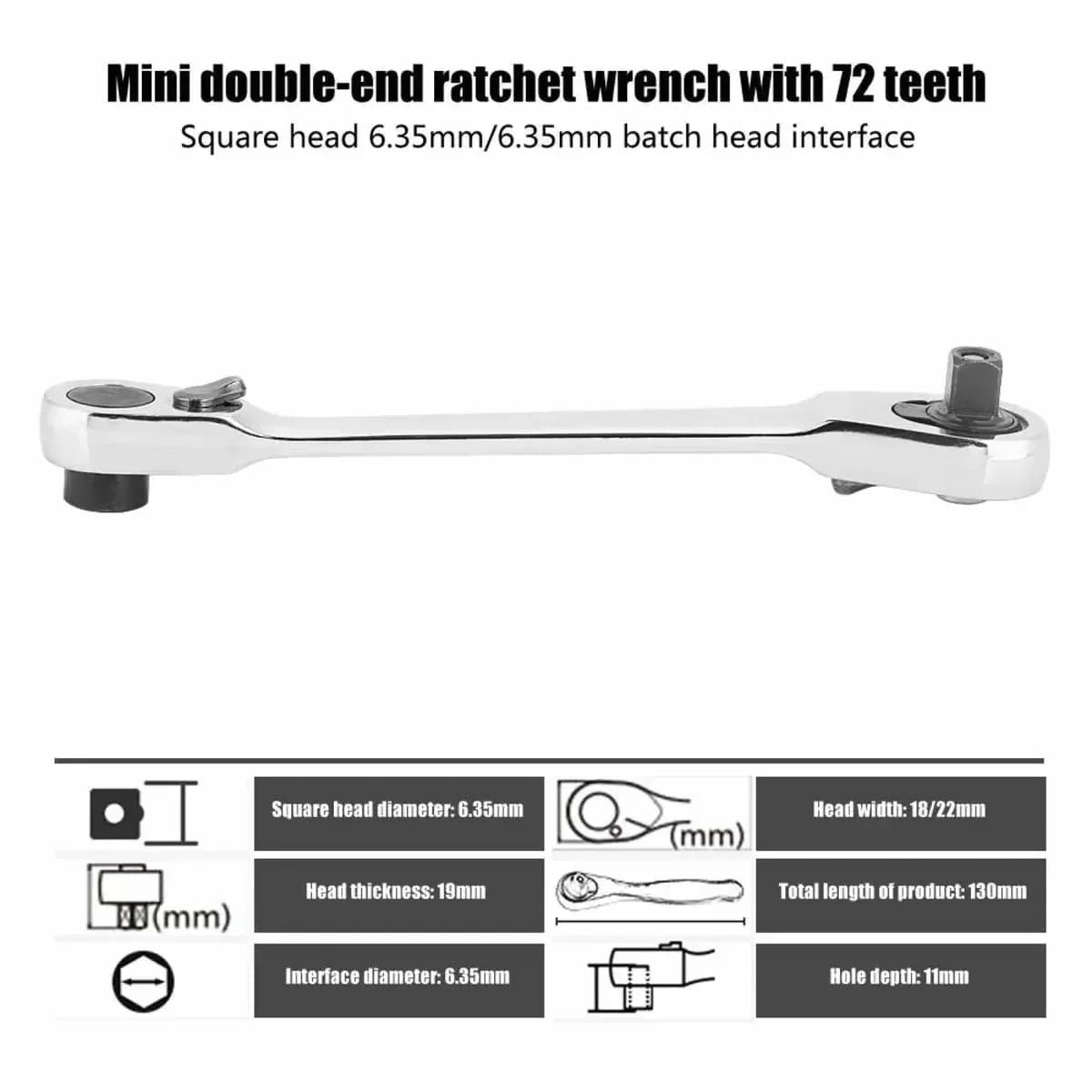 Mini Double Headed Ratchet Wrench, 1/4 Inch Drive, 72-Tooth, 5° Quick Release - View 4