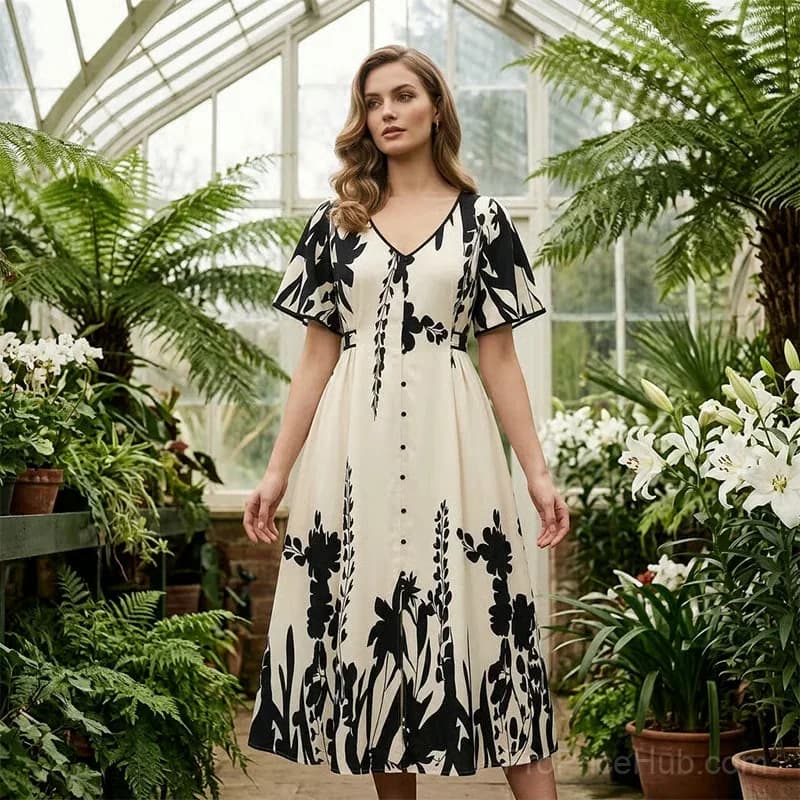 Elegant V-Neck Botanical Print Midi Dress, Beige, XL - View 3