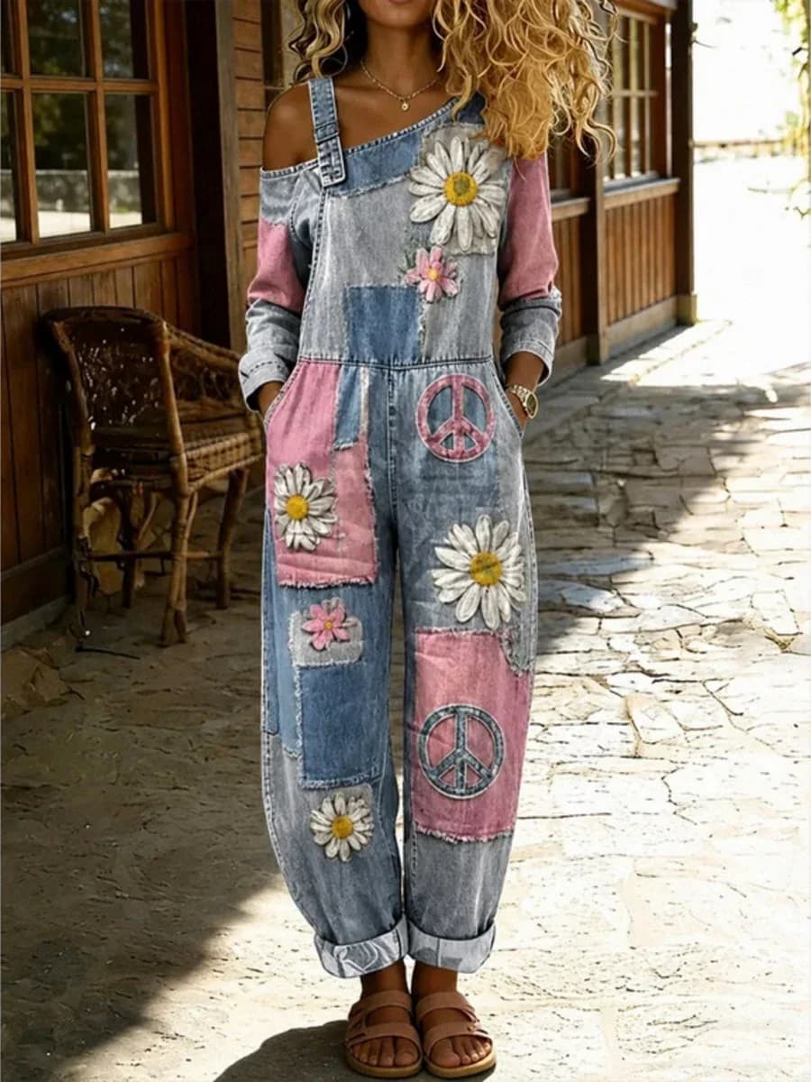 Women's Retro Floral Print Washed Cotton Denim Patchwork Jumpsuit - Main