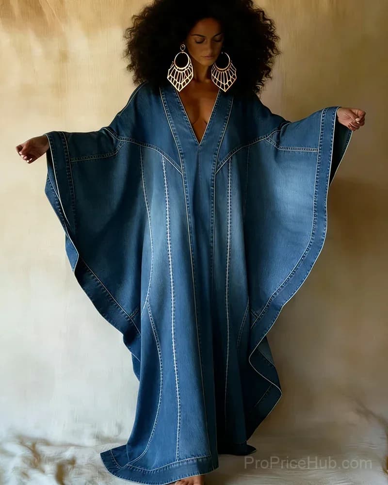 Washed Denim Texture Print V-Neck Long Kaftan Dress - Main