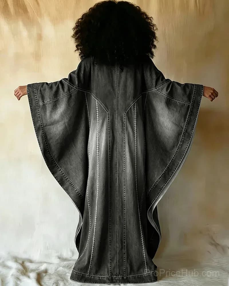 Washed Denim Texture Print V-Neck Long Kaftan Dress - View 4