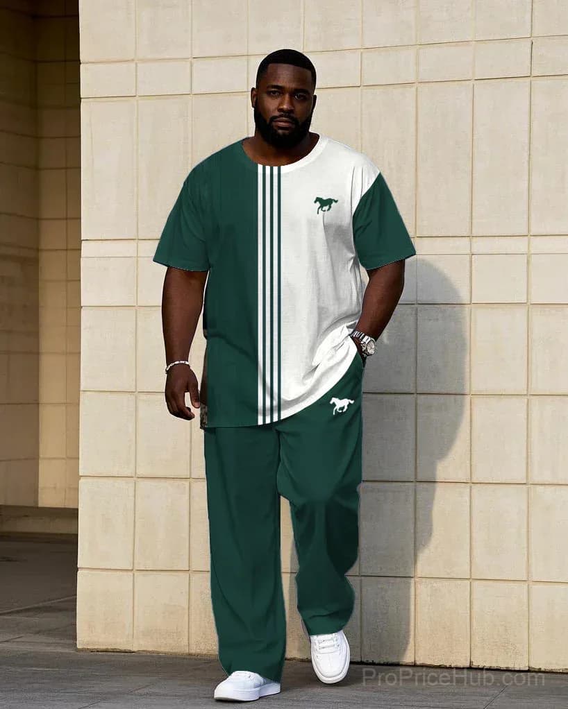 Big & Tall Men's Short Sleeve Tee & Pants Set - White/Green Contrast Stripe - Main