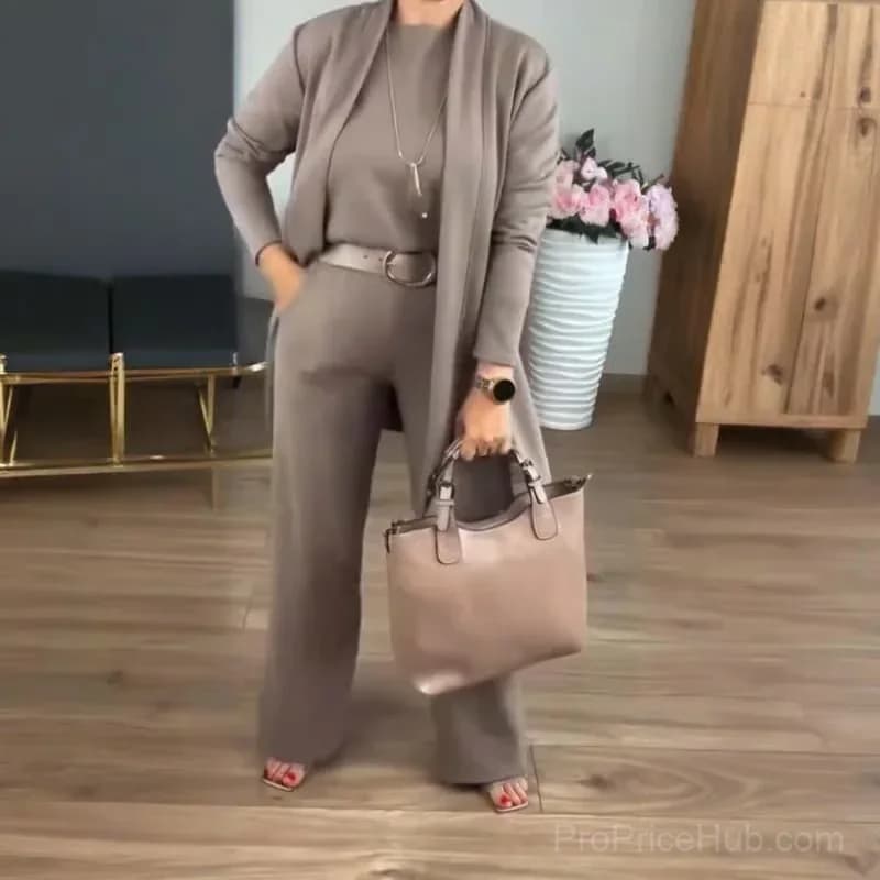 3-Piece Long Cardigan, Top and Pants Set, Brown, S - Main