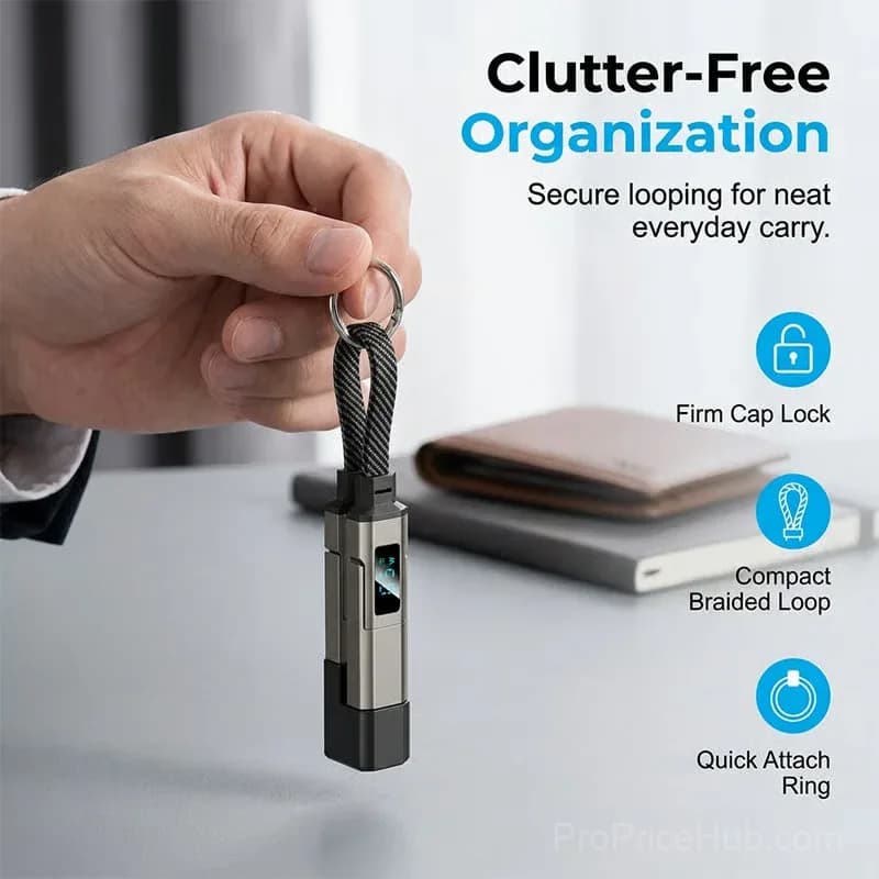 4-in-1 Digital Display Keychain Charging Cable, Black - View 3