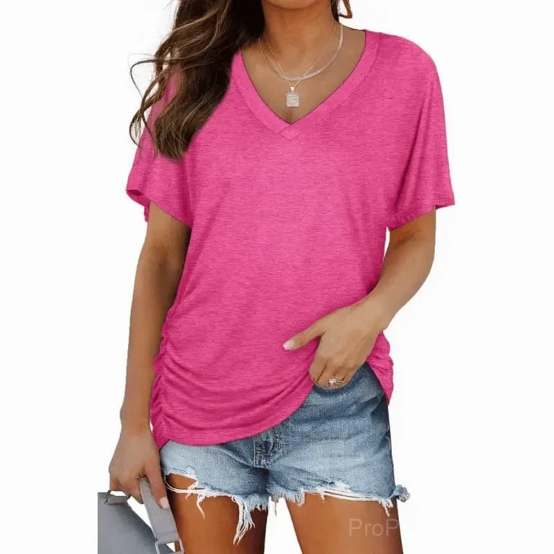 Women's Short Sleeve V-Neck Dolman Top - Soft Breathable Loose Fit Blouse with Side Shirring - View 12