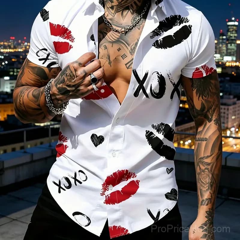 Men's Kiss Print Short-Sleeve Button-Up Shirt, Small - View 5