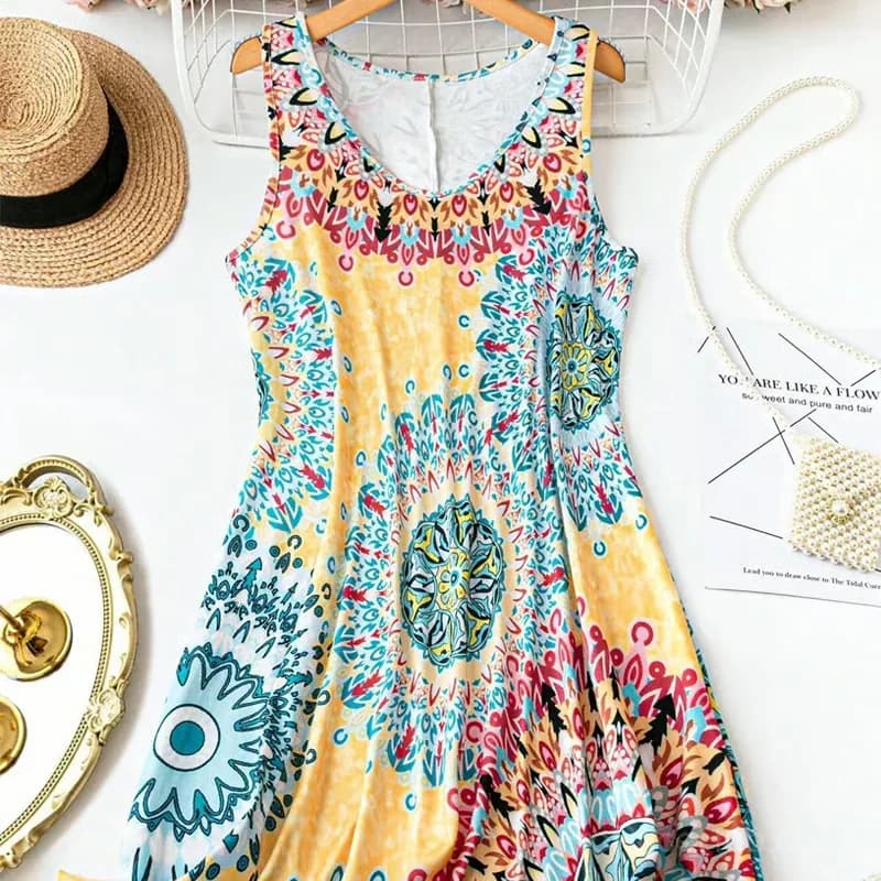 Yellow Sleeveless A-Line Printed Summer Dress, XL - Main