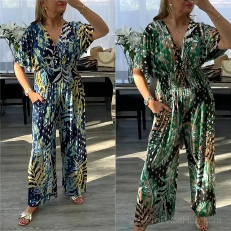 Women's Leaf Print Elastic Waist Bodysuit, Dark Blue, M - View 6