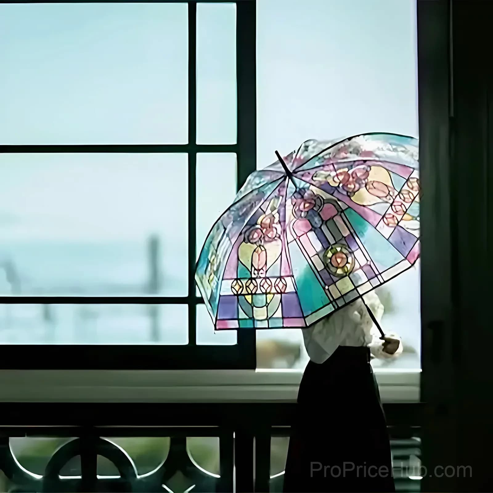 Vintage Stained Glass Print Automatic Umbrella - View 14