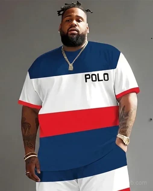 Big Guy's Polo Color Stripes T-Shirt and Shorts Set - View 18