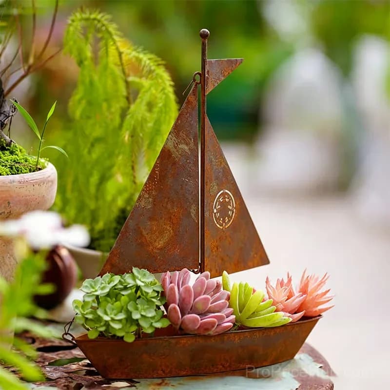 Rustic Sailboat Metal Planter, Brown Weather-Resistant Garden Decor - View 2