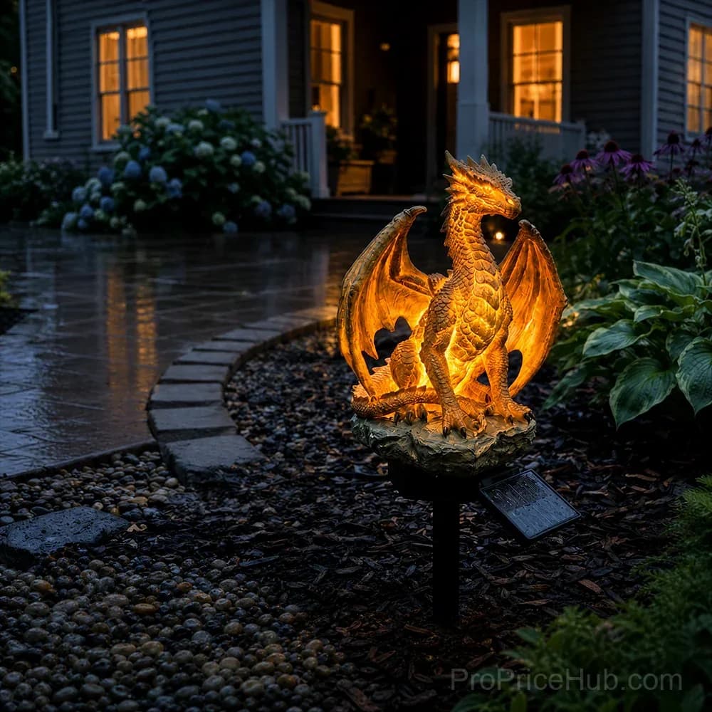 Gothic Dragon Golden Fire Solar Landscape Light - View 8