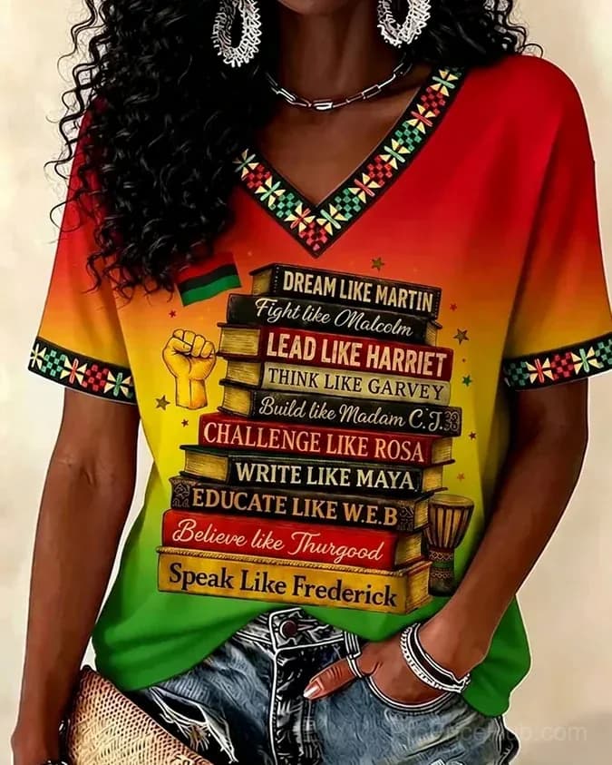 Juneteenth Black Culture Print V-Neck Short Sleeve T-Shirt - Main