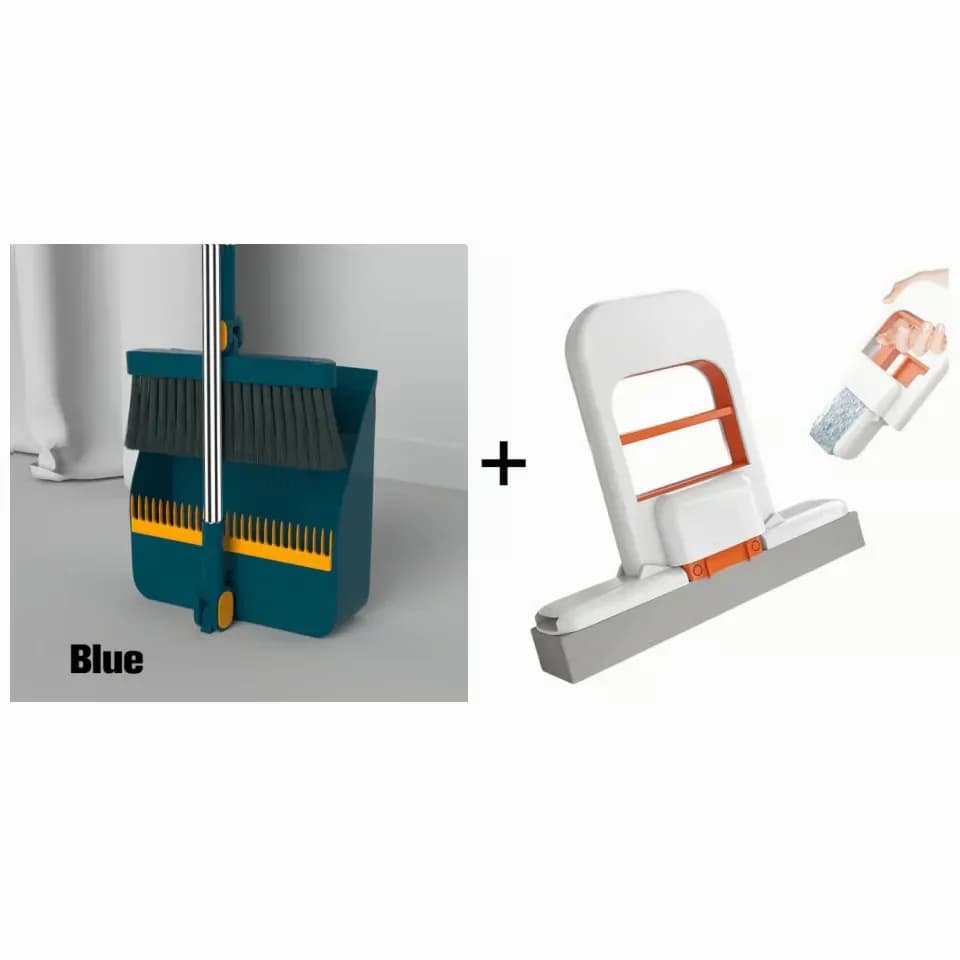 Stand-Up Dustpan and 180° Rotating Broom Set, Blue - View 13