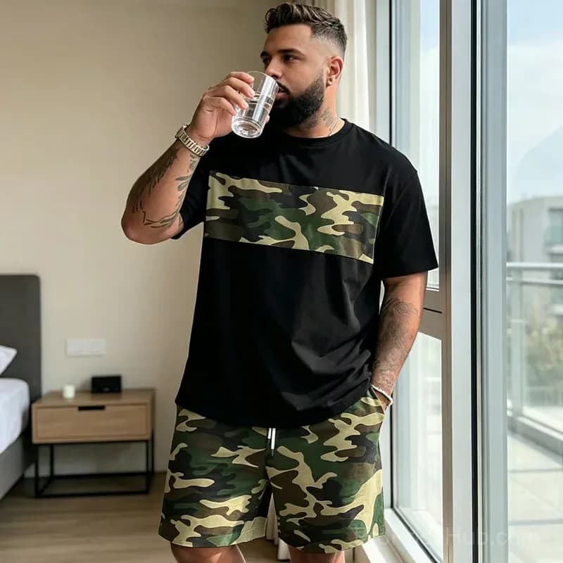 Men's Camo Print T-Shirt and Shorts Set, Size S - Alt