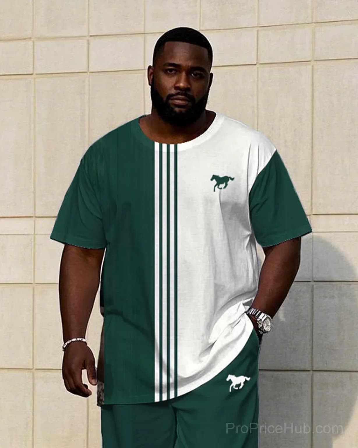 Big & Tall Men's Short Sleeve Tee & Pants Set - White/Green Contrast Stripe - Alt