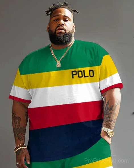 Big Guy's Polo Color Stripes T-Shirt and Shorts Set - Alt