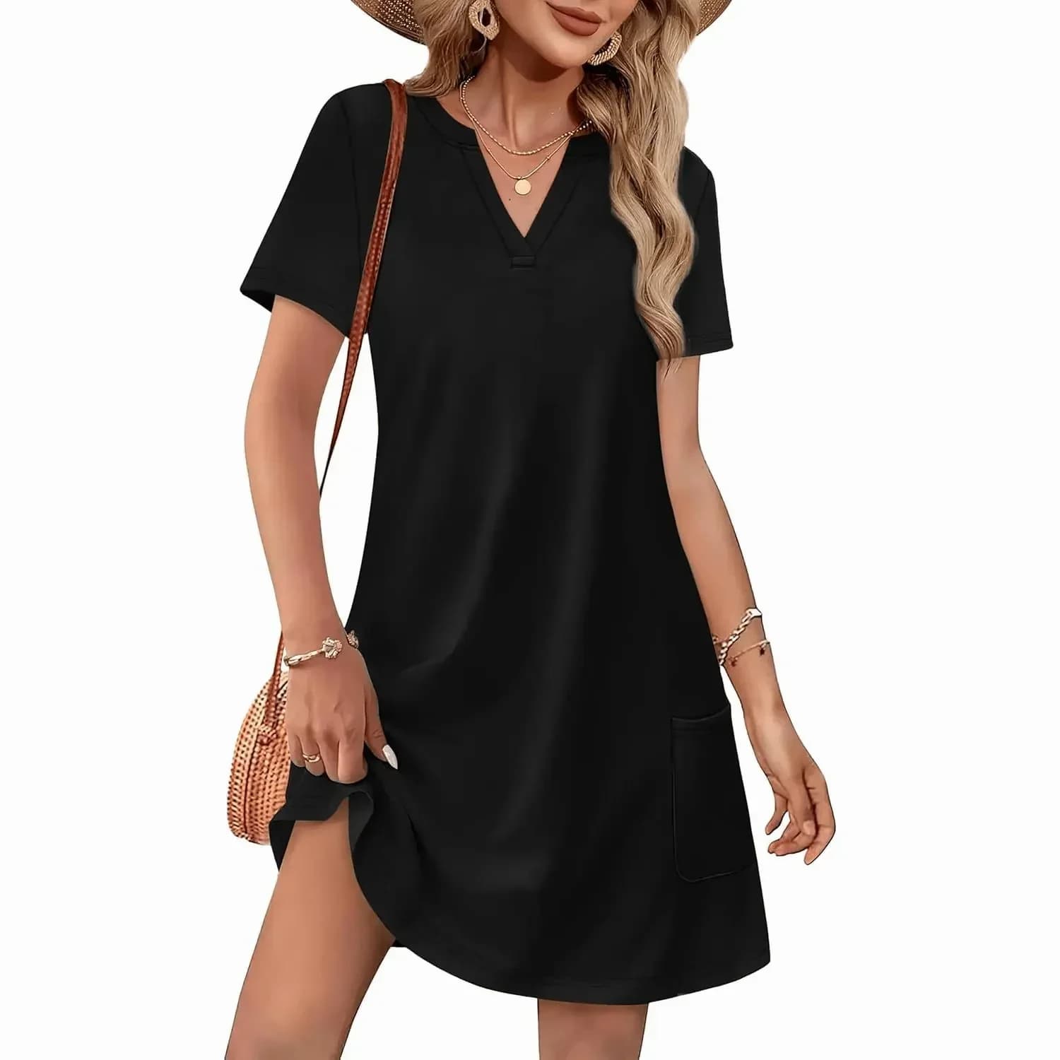 Women's Casual V-Neck Short Sleeve Summer Beach Dress - Alt