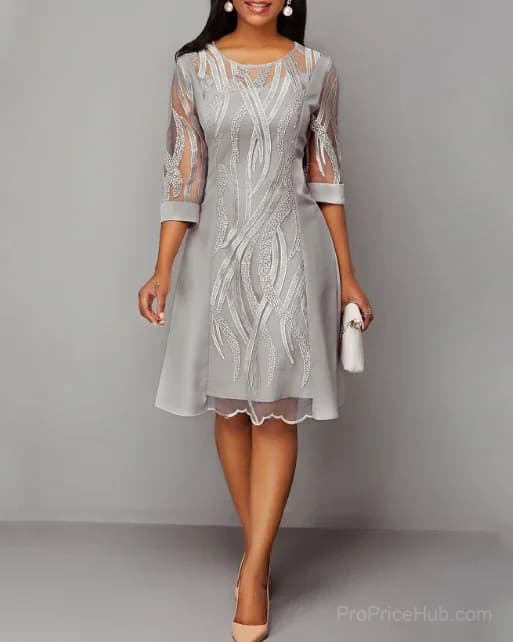 Light Grey Lace Panel 3/4 Sleeve Dress - Main