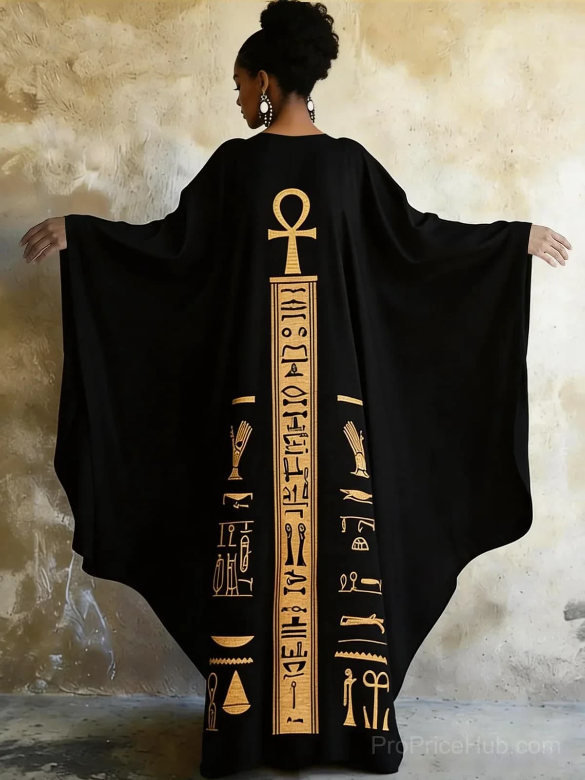 Ankh Golden Ancient Egyptian Art V-Neck Long Kaftan Dress - Alt