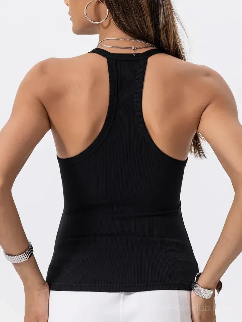 Solid Ribbed Tank Top with Built-in Bra - Alt